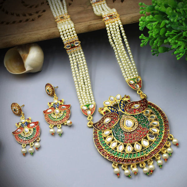 Radhe Creation Gold Plated Multi Color Beads Pearl Long Necklace Set