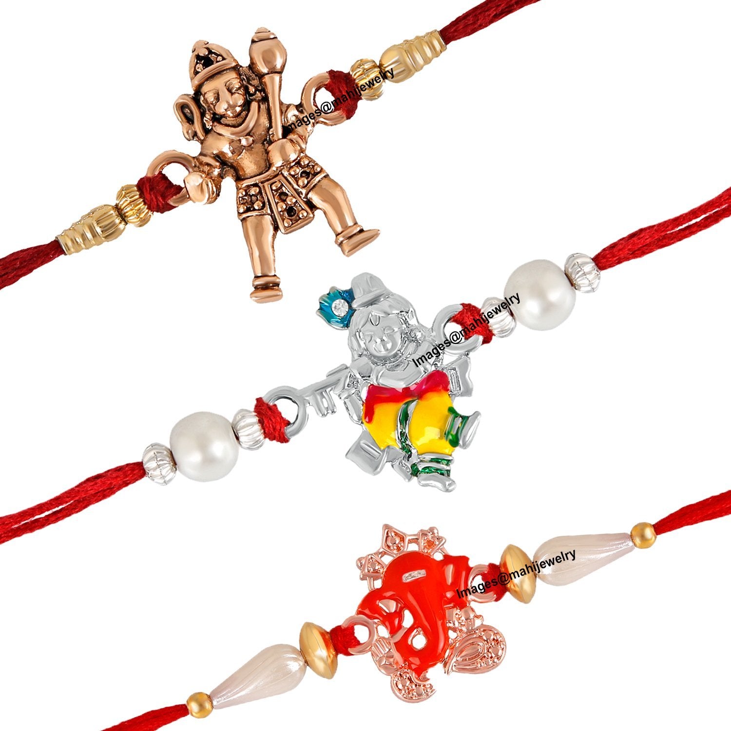 Mahi Combo of Hanuman, Ganessha and Krishana Rakhi (Bracelet) with Artificial Pearl for Kids RCO1105002M