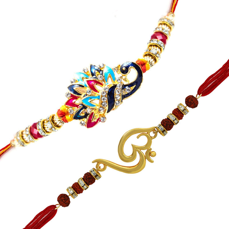 Mahi Combo of Om and Peacock 'Bhaiya bhabhi' Rakhis with Crystals and Rudraksha RCO1105128G