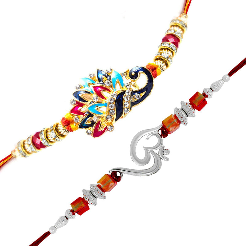 Mahi Combo of Om and Peacock 'Bhaiya bhabhi' Rakhis with Crystals RCO1105129M