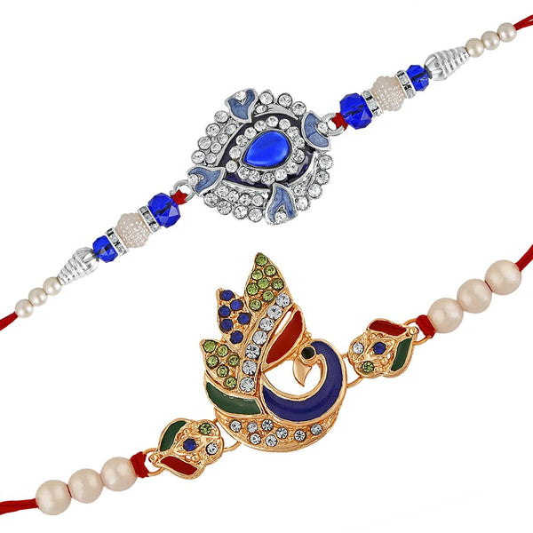 Mahi Combo of Peacok Rakhi's with Blue and White Crystal and Artificial Pearl for Bhaiya (RCO1105225M)