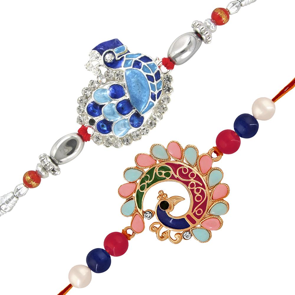 Mahi Combo of Two Charming Multicolor Crystals Peacock Shaped Rakhis for Bhaiya (RCO1105238M)