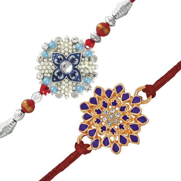 Mahi Combo of Two Floral Rakhis with Meenakari Work Crystals and Artificial Pearl for Bhai (RCO1105240M)