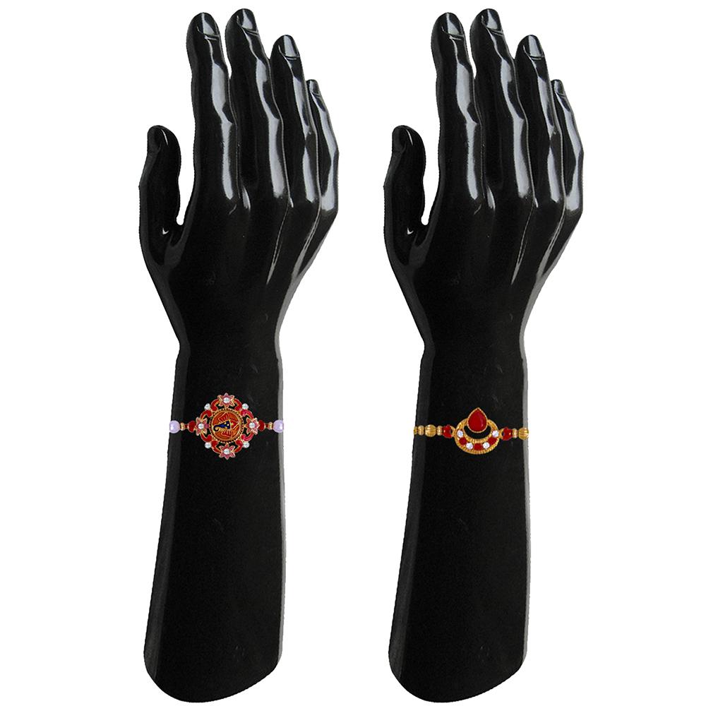 Mahi Combo of 2 Designer  Red, White Crystals, Artificial Pearl Rakhi's for Brother (RCO1105244G)