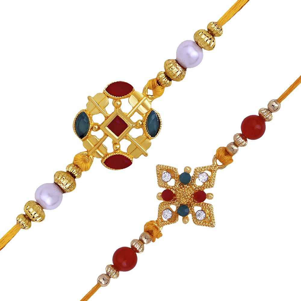 Mahi Combo of 2 Designer  Multicolor Crystals and  Artificial Pearl Rakhi's for Brother (RCO1105246G)