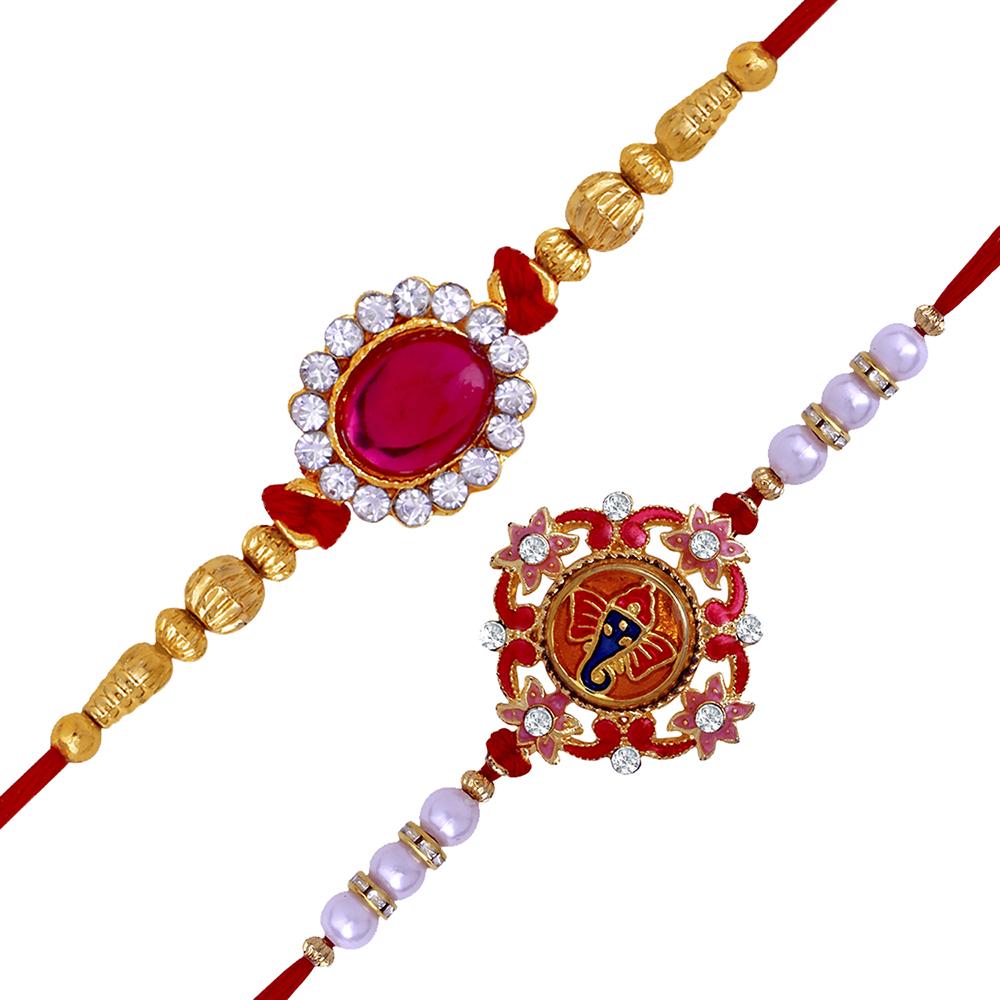 Mahi Combo of 2 Designer  Pink, White Crystals and  Artificial Pearl Rakhi's for Brother (RCO1105248G)