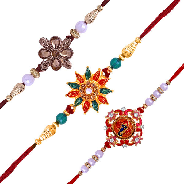 Mahi Combo of Three Colorful Rakhi's with Meena Work and Beads for Brother (RCO1105413G)