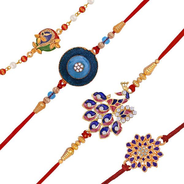 Mahi Combo of Floral and Peacock Shaped Meena Work Colorful Rakhis for Brother (RCO1105414M)