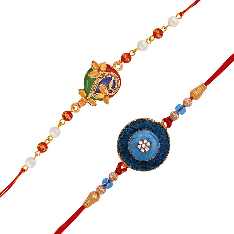 Mahi Combo of Floral and Peacock Shaped Meena Work Colorful Rakhis for Brother (RCO1105414M)