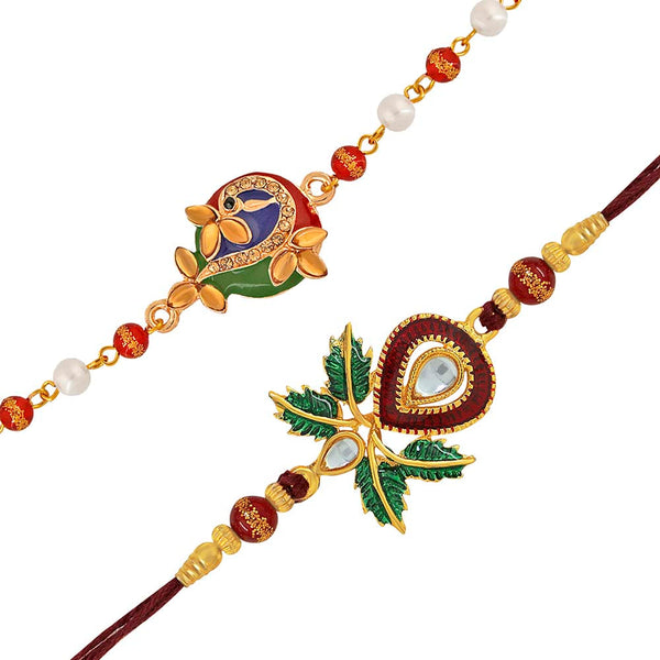 Mahi Combo of Leaf and Peacock Shaped Colorful Rakhi's with Meena Work and Beads (RCO1105424G)