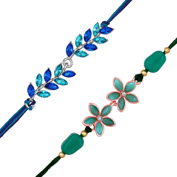 Mahi Leafy and Floral Shaped Combo of 2 Rakhis for Bhai with Green and Blue Crystals (RCO1105528M)