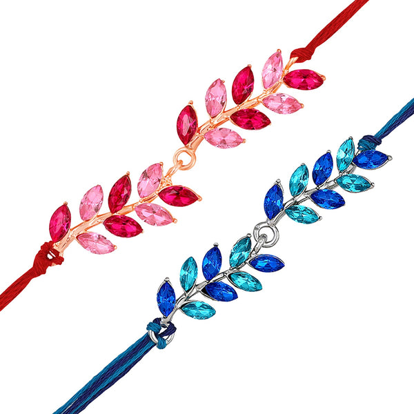 Mahi Combo of 2 Leaf Shaped Beautiful Rakhis with Red Pink and Blue Coloured Crystals for Bhai (RCO1105531M)