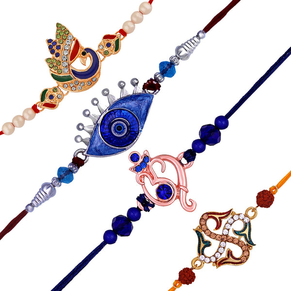 Mahi Multicolor Combo of Evil Eye, Ganpati, Swastil and Peacock Shaped Rakhi Set with Crystals and Meenakari Work for Brother's (RCO1105541M)
