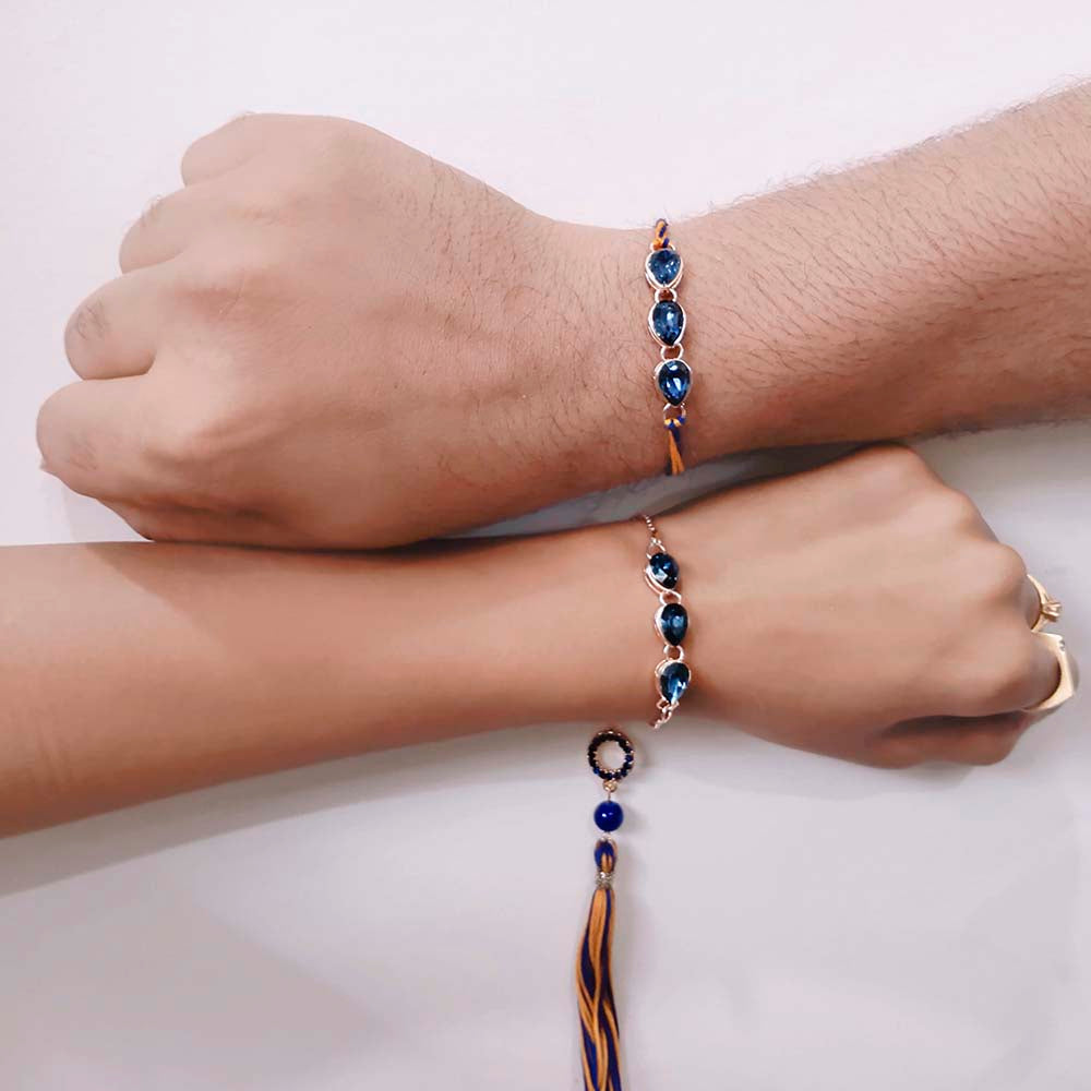 Mahi Water Drop Monatana Blue Crystal Rakhi Combo for Bhai and Bhabhi (RCOL1105336M)