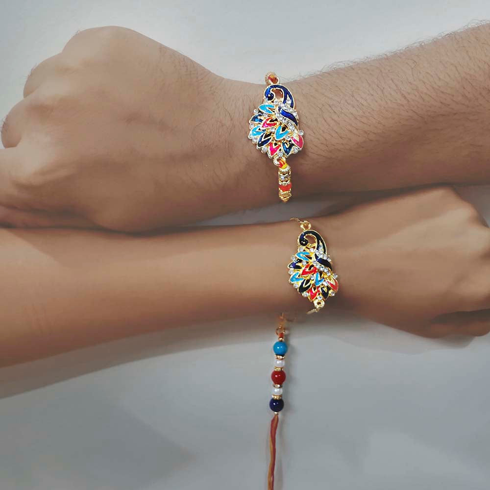 Mahi Peacock Shaped Meenakari Work Multicolor Rakhi Combo with Beads and Crystals for Bhai and Bhabhi (RCOL1105341M)