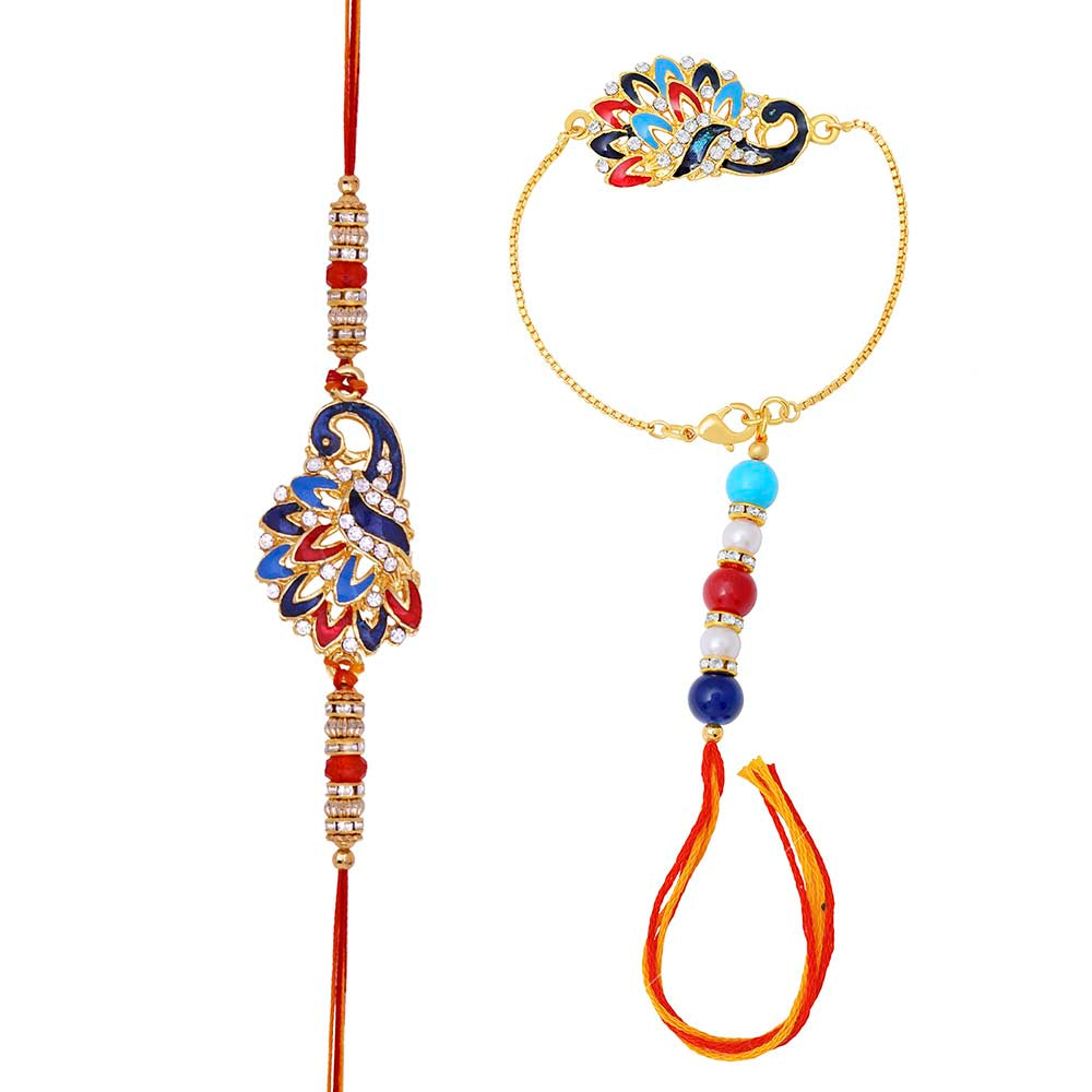 Mahi Peacock Shaped Meenakari Work Multicolor Rakhi Combo with Beads and Crystals for Bhai and Bhabhi (RCOL1105341M)