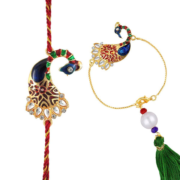 Mahi Peacock Shaped Meenakari Combo Multicolor Rakhi for Bhaiya and Bhabhi (RCOL1105344M)