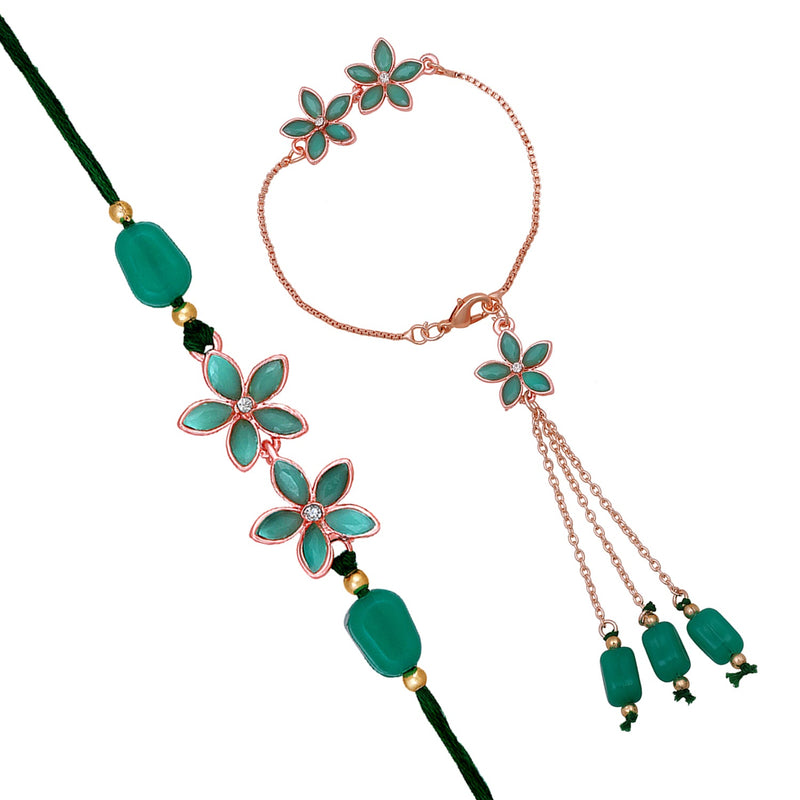 Mahi Green Crystals Floral Lumba and Brother Rakhi Combo for Bhaiya and Bhabhi (RCOL1105520ZGre)