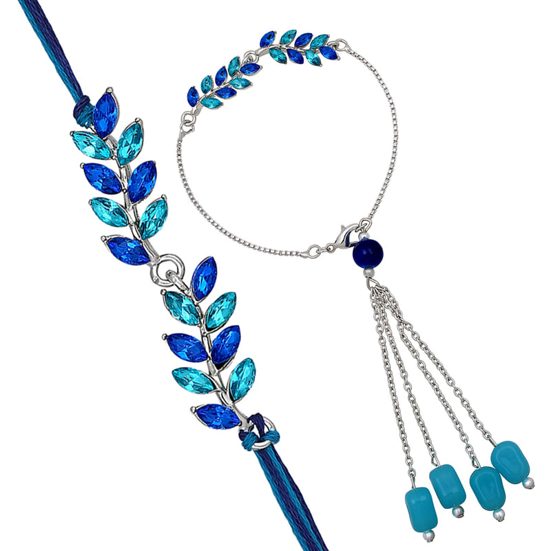 Mahi Light and Dark Blue Leafy Shape Crystals Lumba and Brother Rakhi Set for Bhaiya and Bhabhi (RCOL1105521RBlu)