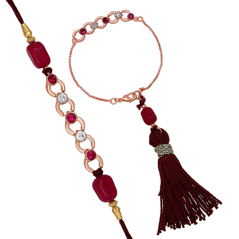 Mahi Rose Gold Plated Pink and White Crystals Lumba and Brother Rakhi Pair for Bhaiya and Bhabhi (RCOL1105522ZPin)