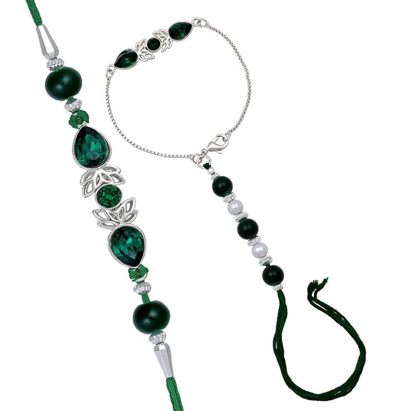 Mahi Green Crystal Lumba and Brother Rakhi Combo for Bhai and Bhabhi (RCOL1105523RGre)