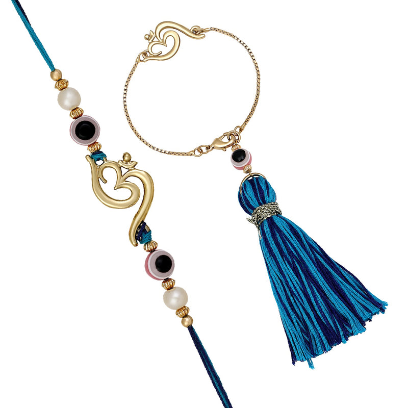 Mahi Gold Plated Om and Evil Eye Lumba and Brother Rakhi Pair for Bhaiya and Bhabhi (RCOL1105543G)