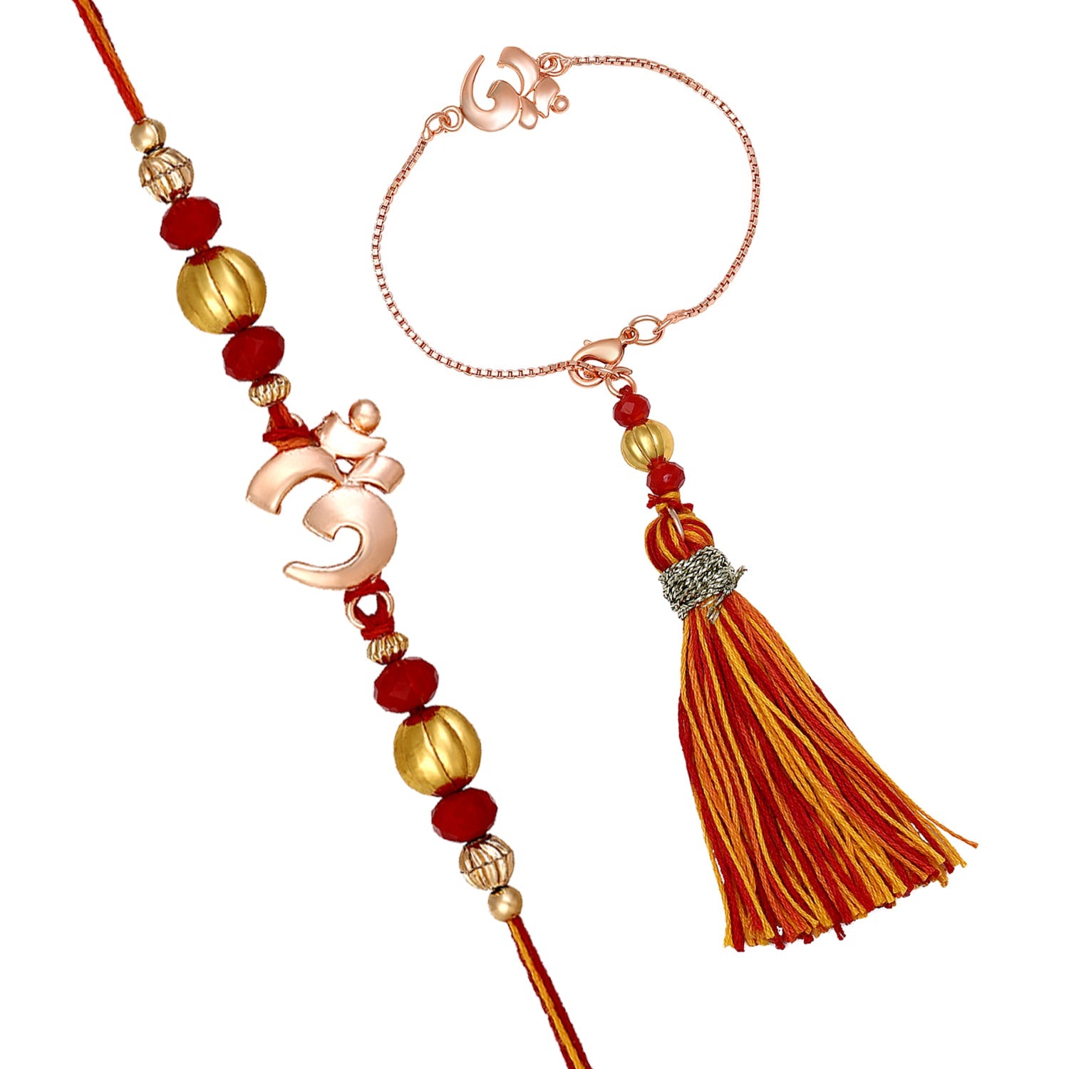 Mahi Rose Gold Plated Devine OM Lumba and Brother Rakhi Set for Bhaiya and Bhabhi (RCOL1105545Z)