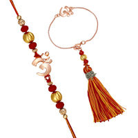Mahi Rose Gold Plated Devine OM Lumba and Brother Rakhi Set for Bhaiya and Bhabhi (RCOL1105545Z)