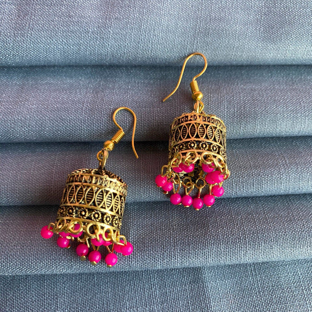 Antique Gold Finish Pink and Green Fabric Ethnic Earrings – A Local Tribe