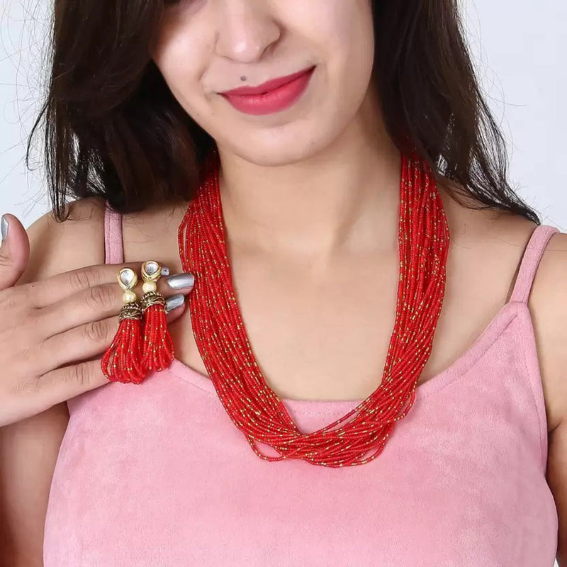Beadsnfashion Glass Seed Beads Beaded Multilayer Necklace Set Red