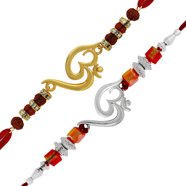 Mahi Combo of 2 Divine Om Rudraksha Crystal Studded Rakhi (Bracelet) for Adorable Brothers/Bhaiya RTCO1104976M