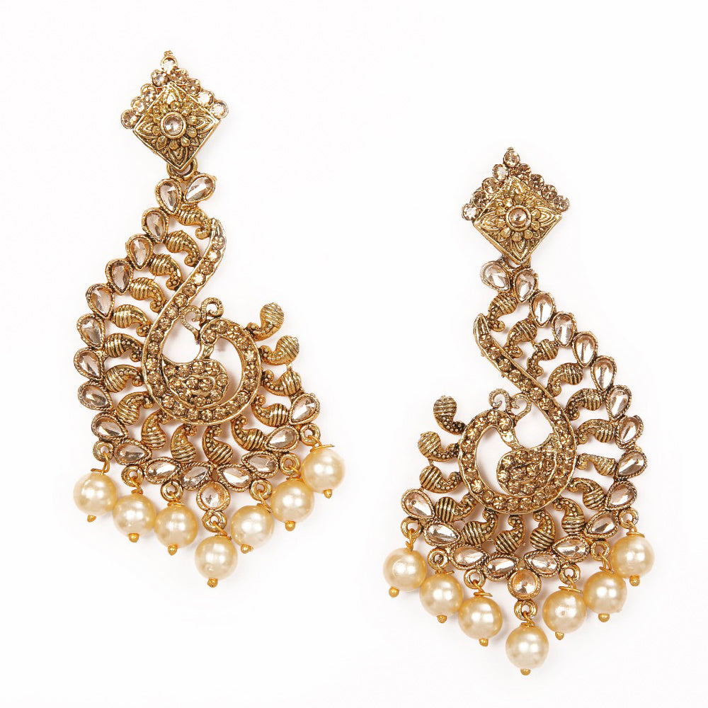 Shreeji Brown Stone And Kundan Gold Plated Dangler Earrings