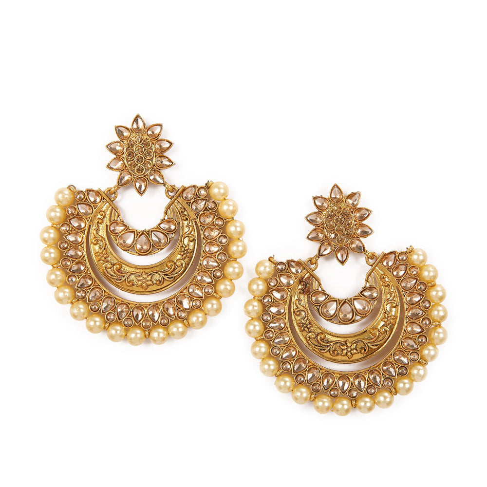 Shreeji Brown Stone And Kundan Gold Plated Dangler Earrings