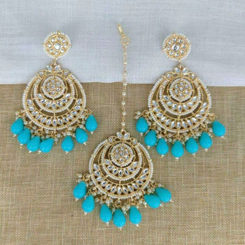 Sai Fashion Gold Plated Kundan And Pearl  Designer Dangler Earrings With Maang Tikka