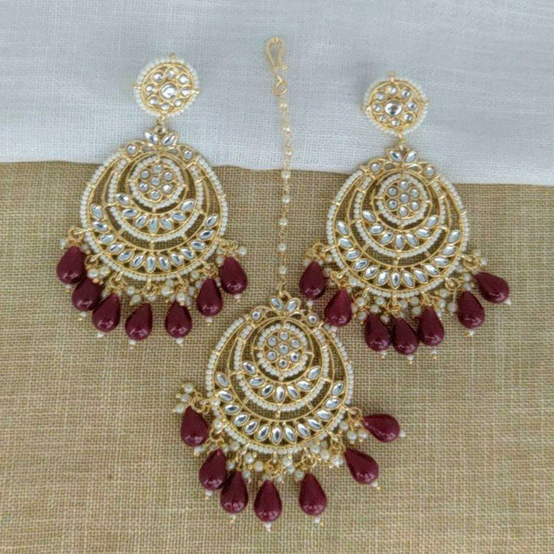 Sai Fashion Gold Plated Kundan And Pearl  Designer Dangler Earrings With Maang Tikka