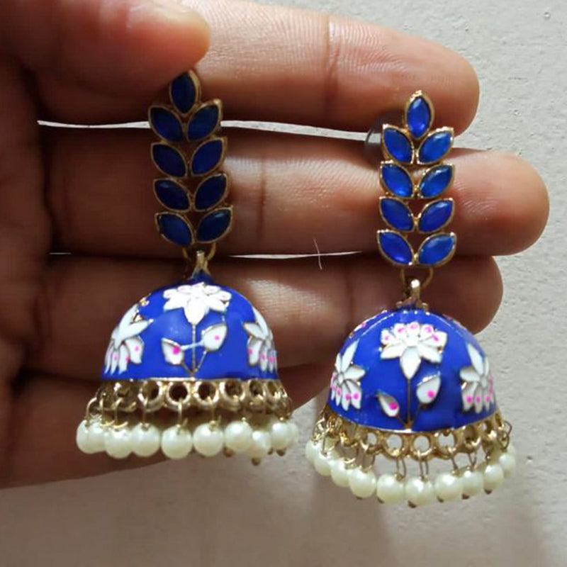 Sai Fashion Gold Plated Kundan Pota Stone & Meenakari Jhumki Earrings