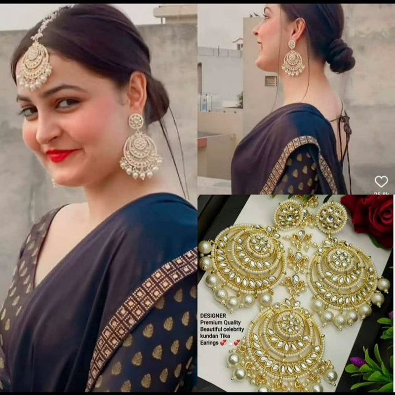 Sai Fashion Gold Plated Kundan And Pearl Designer Dangler Earrings With Maang Tikka
