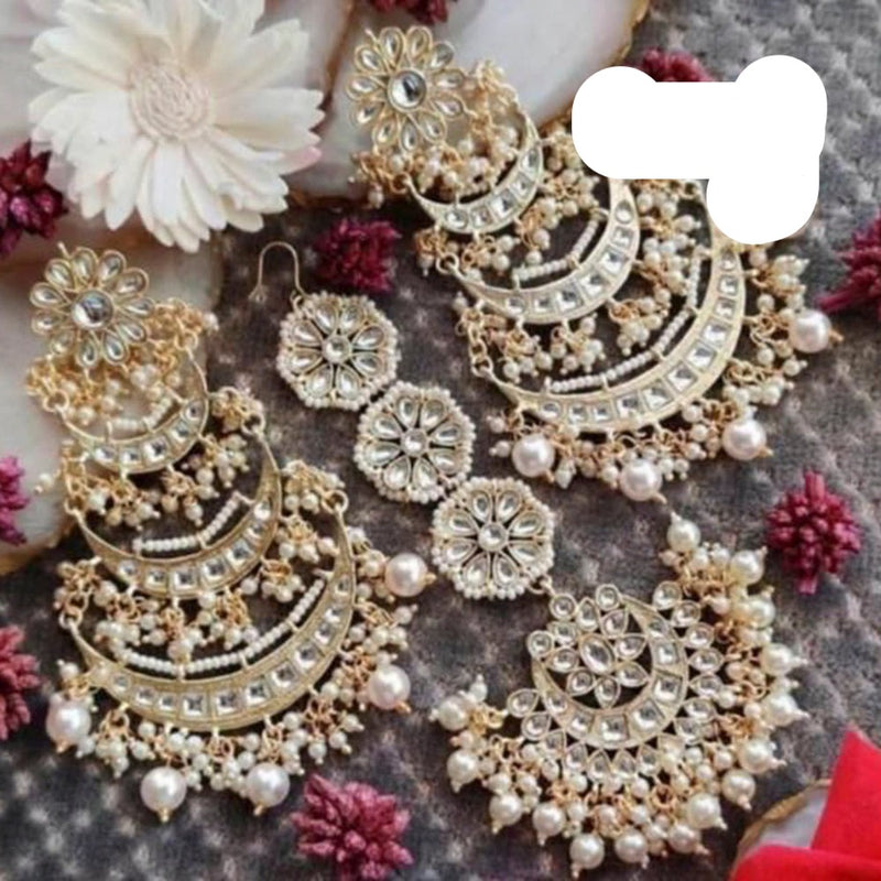 Sai Fashion Gold Plated Kundan And Pearl Designer Dangler Earrings With Maang Tikka