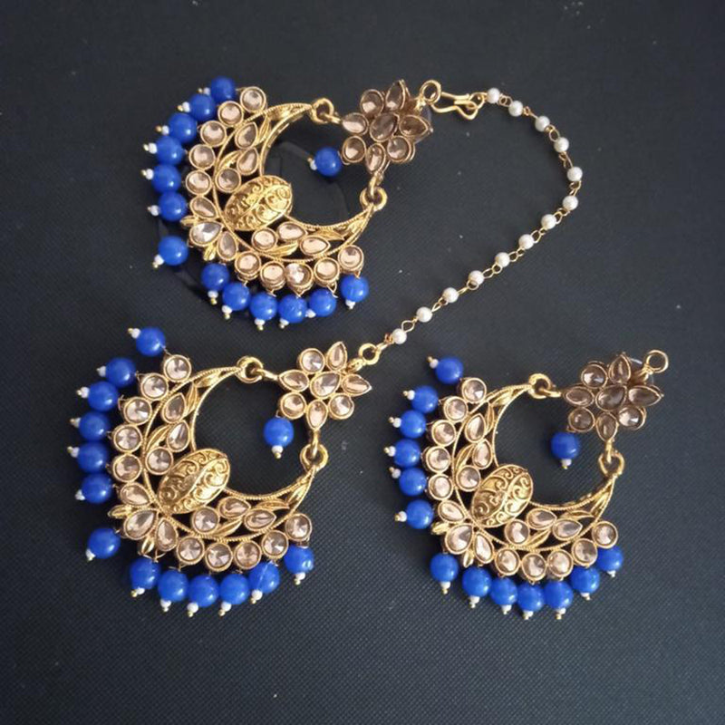 Sai Fashion Gold Plated Kundan And Beads Designer Dangler Earrings With Maang Tikka