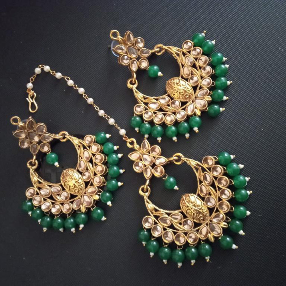 Sai Fashion Gold Plated Kundan And Beads Designer Dangler Earrings With Maang Tikka
