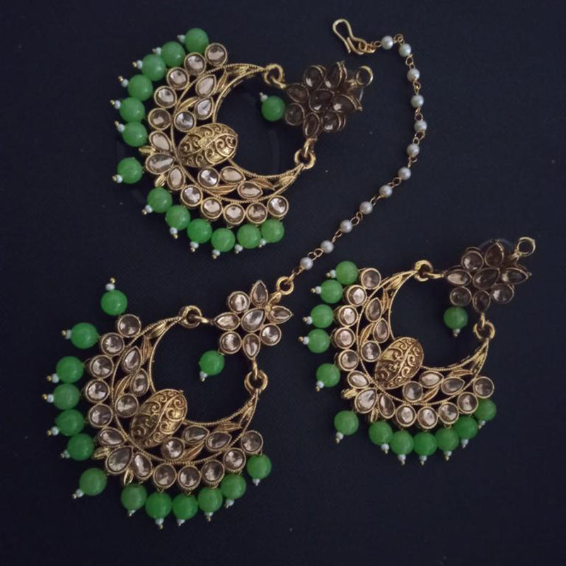 Sai Fashion Gold Plated Kundan And Beads Designer Dangler Earrings With Maang Tikka