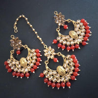 Sai Fashion Gold Plated Kundan And Beads Designer Dangler Earrings With Maang Tikka