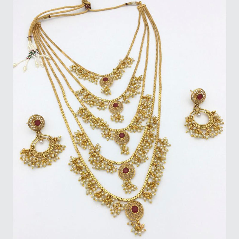 Sai Fashion Gold Plated Pearl And Pota Stone 5 Layer Long Necklace Set