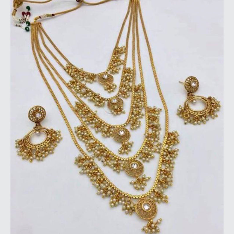 Sai Fashion Gold Plated Pearl And Pota Stone 5 Layer Long Necklace Set