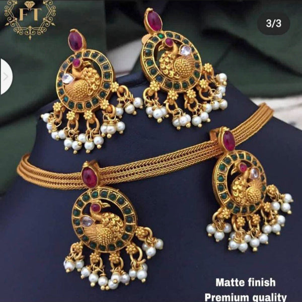 Sai Fashion Gold Plated Pink & Green Pota Stone Necklace Set