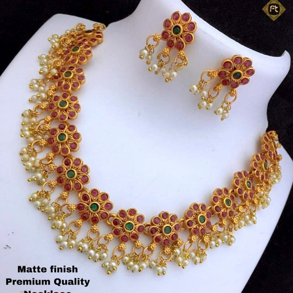 Sai Fashion Gold Plated Pink & Green Pota Stone Necklace Set