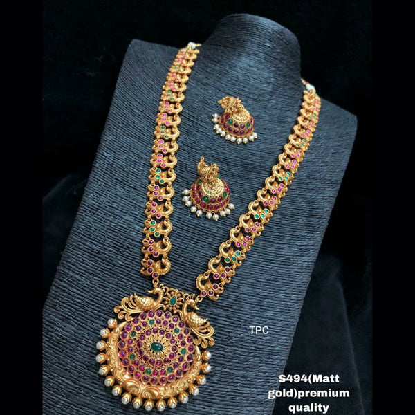 Sai Fashion Gold Plated Pink & Green Pota Stone Traditional Long Necklace Set