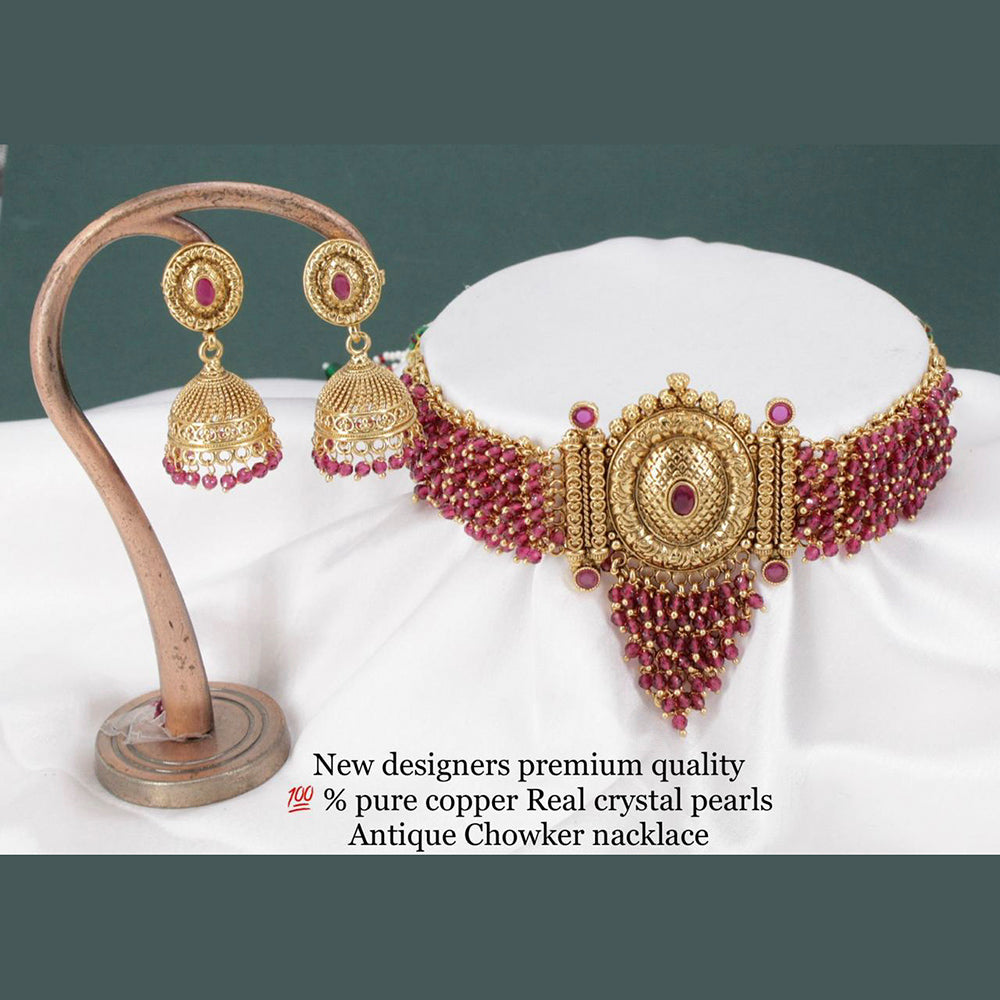 Sai Fashion Copper Crystal Stone &  Pearl Choker Necklace Set