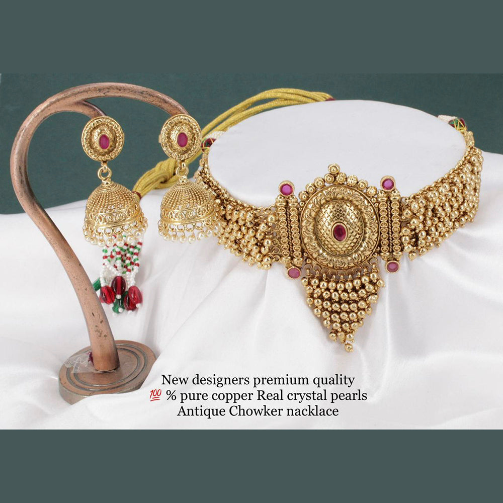 Sai Fashion Copper Crystal Stone &  Pearl Choker Necklace Set