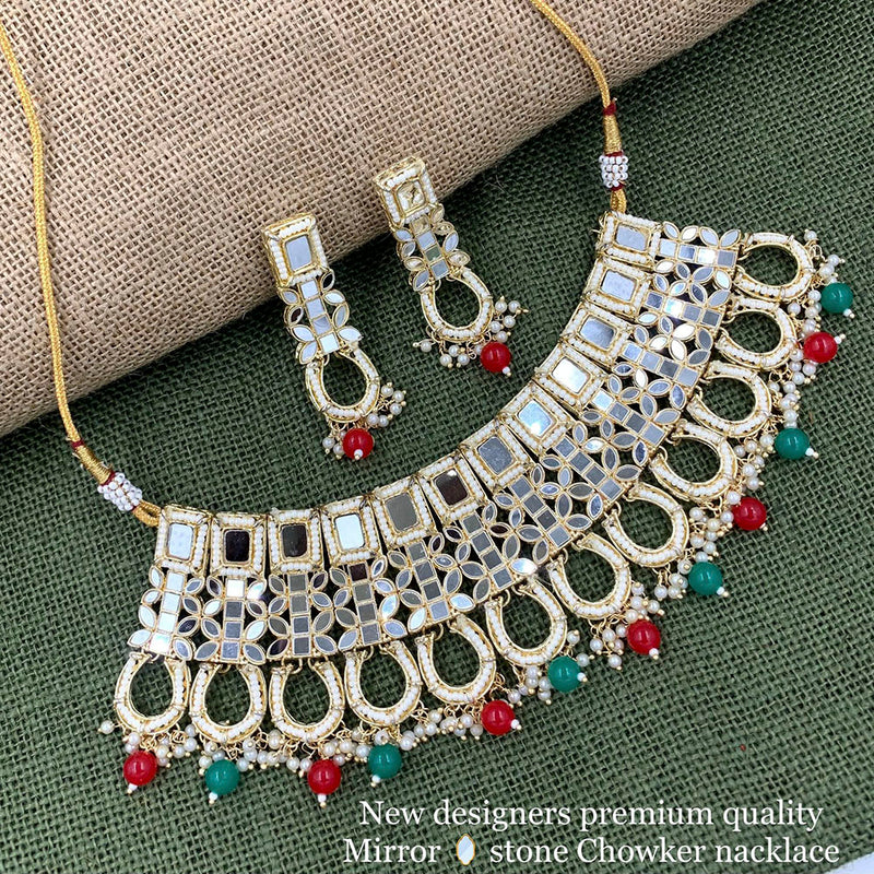 Sai Fashion Gold Plated Beads & Pearl Mirror Necklace Set